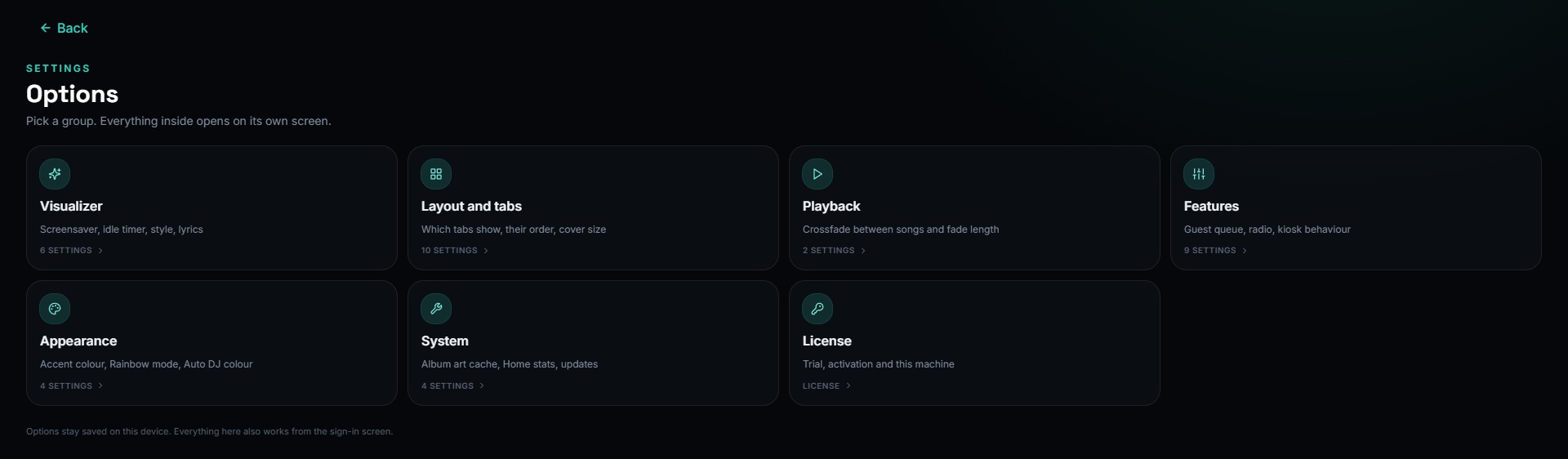The Options menu, grouped into tiles for the visualizer, layout, playback, features, appearance, system and license